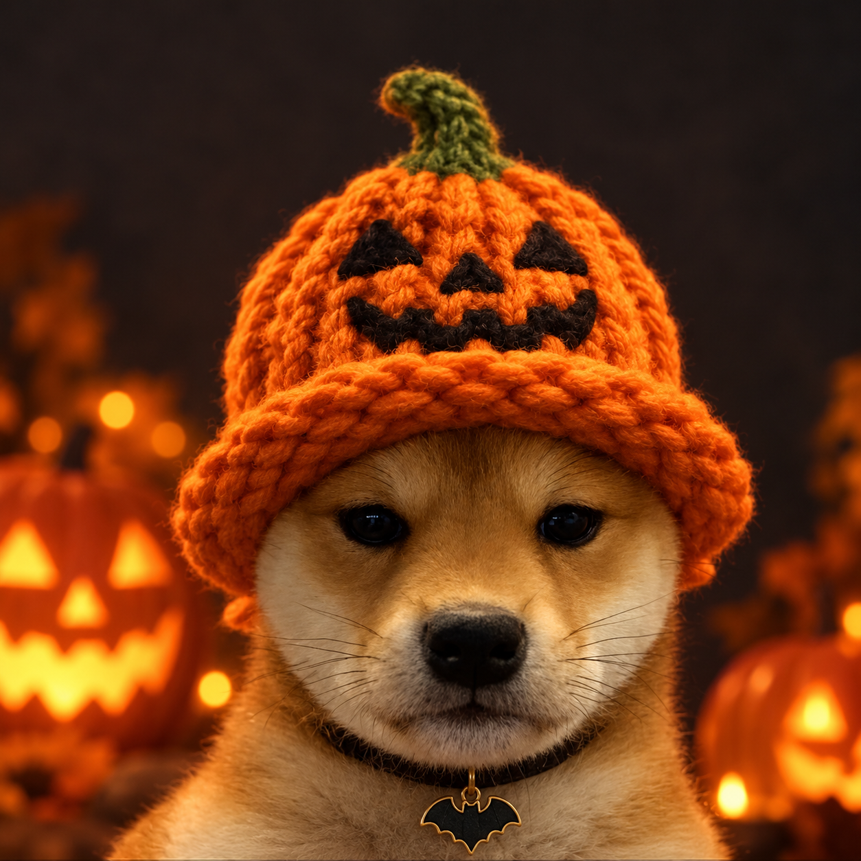 A cheerful puppy wearing a pumpkin hat